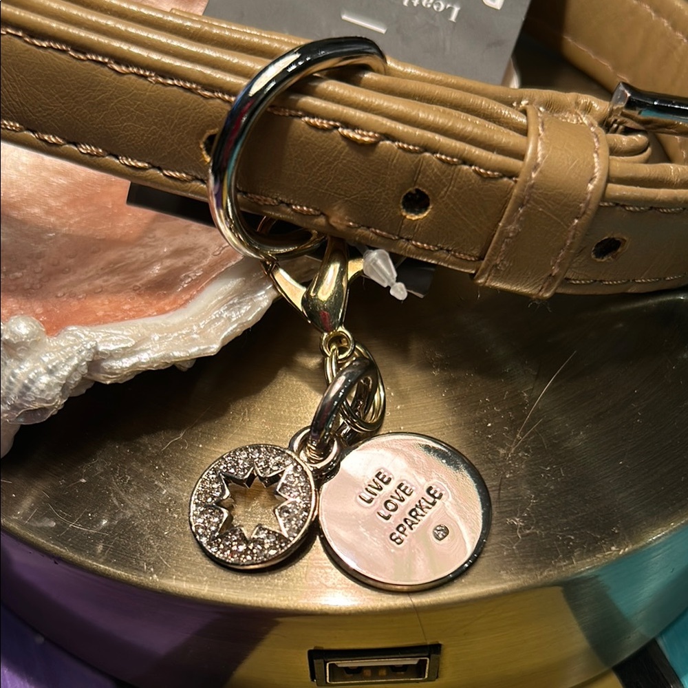 Martha Stewart Tan Leather Dog Collar with Swarovski Crystal Pendant Charms - Picture 3 of 6